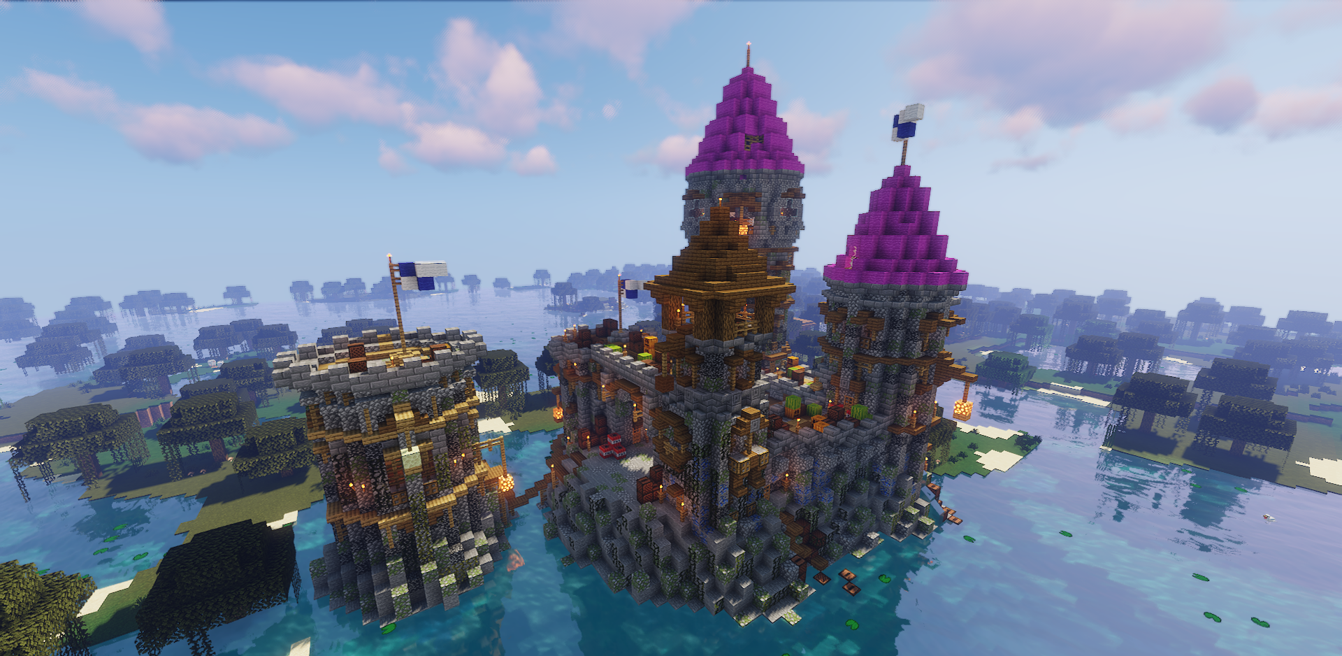 Детальный вид каменных стен и башен замка Swamp Castel в Minecraft