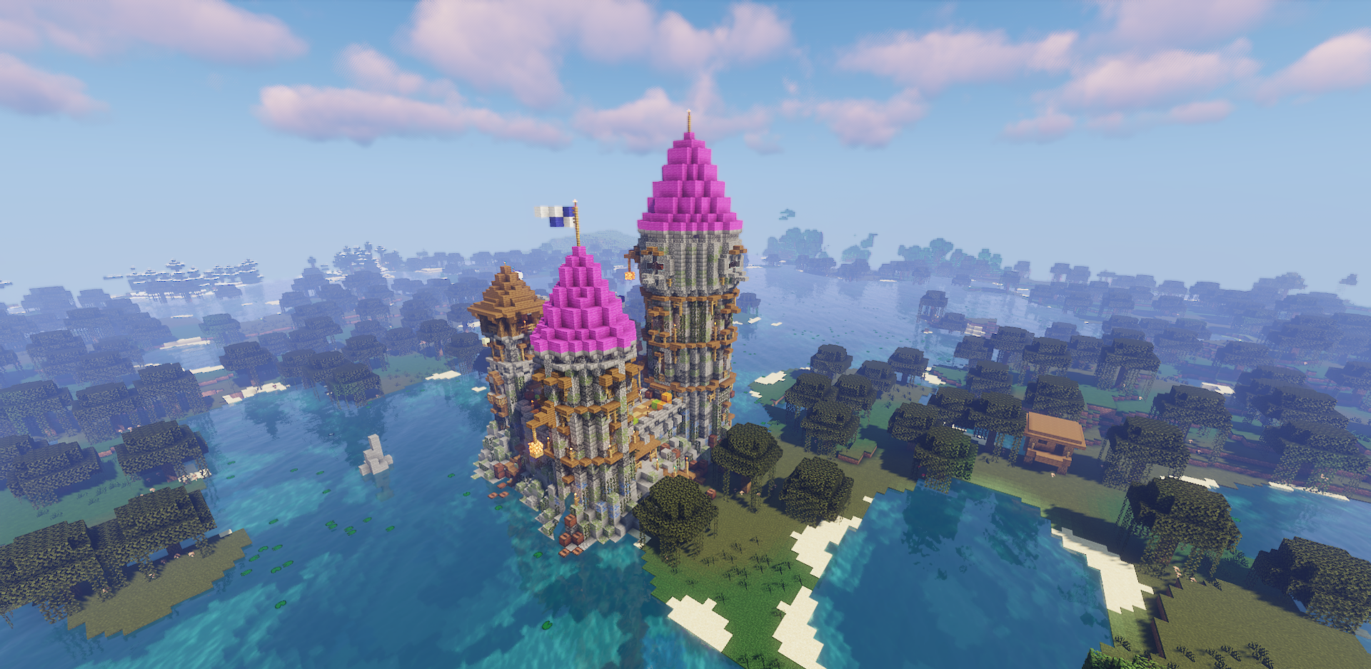 Вид сверху на замок Swamp Castel в Minecraft с окружающим болотным биомом