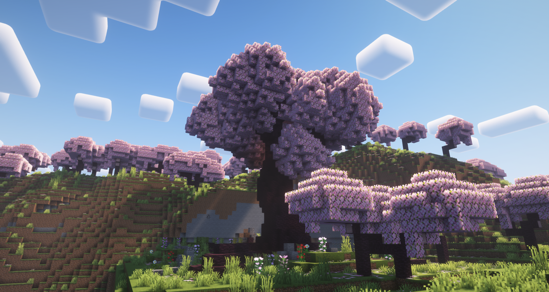 Гигантская вишня в Minecraft с модом Tax’ Tree Giant и ее использование для строительства