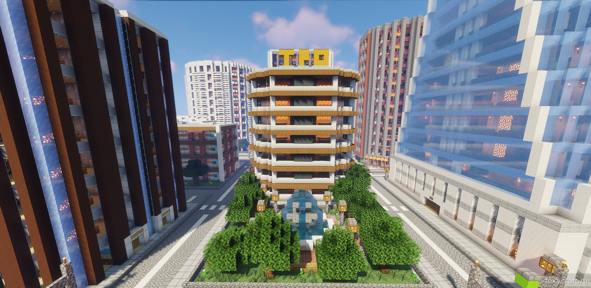 Интерьер здания в Tazader City с мебелью и освещением