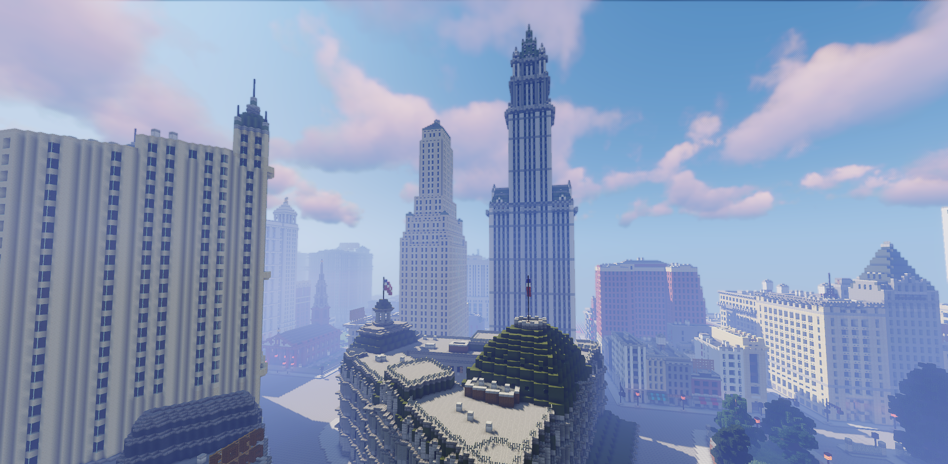 Улицы Нью-Йорка в Minecraft с небоскрёбами и старинными автомобилями