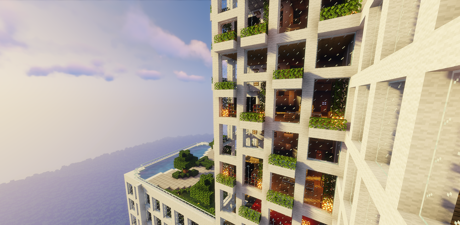 Вид с высоты на The Ceranese Hotel в Minecraft, демонстрирующий масштаб постройки