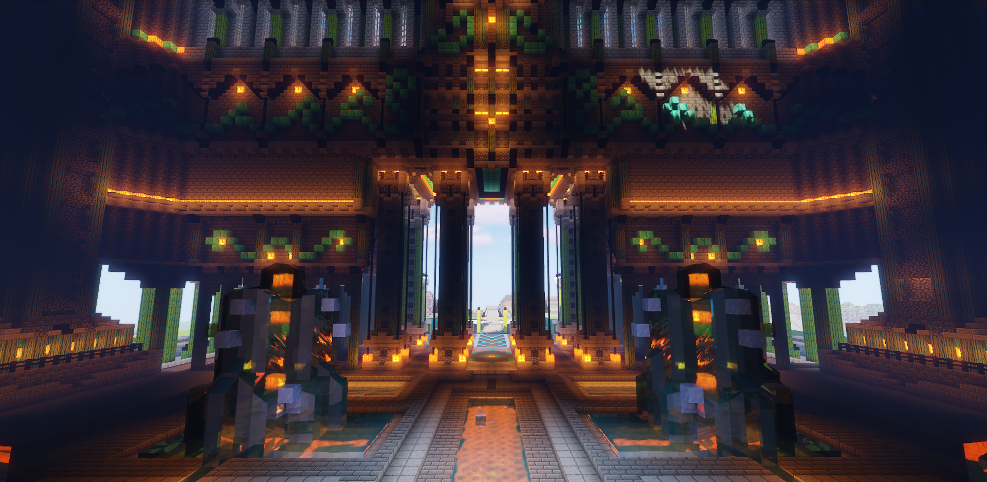 Детализированные улицы города Адамантис в Minecraft с фонарями и арками