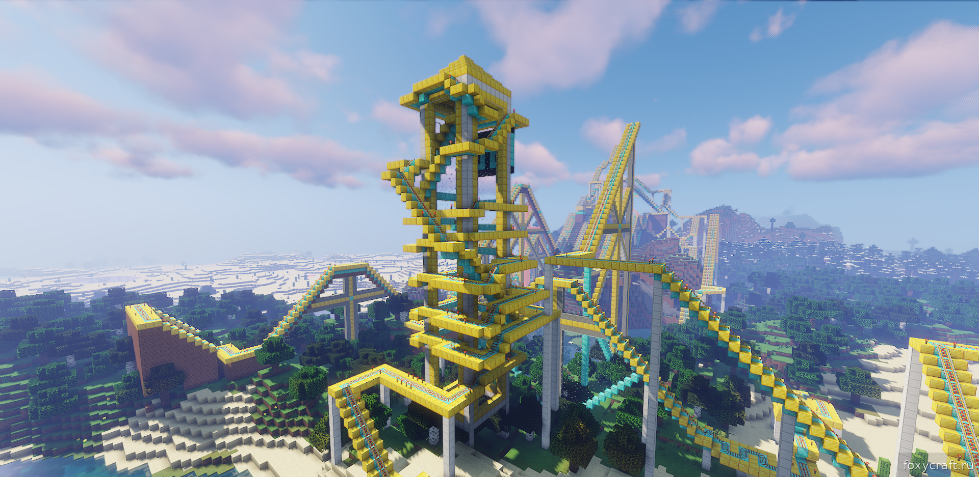 Геймплей на карте The Golden Coaster в Minecraft: вагонетка на рельсах