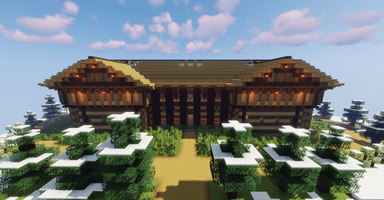 Интерьер The Great Forestry Building в Minecraft с деревянной мебелью и камином