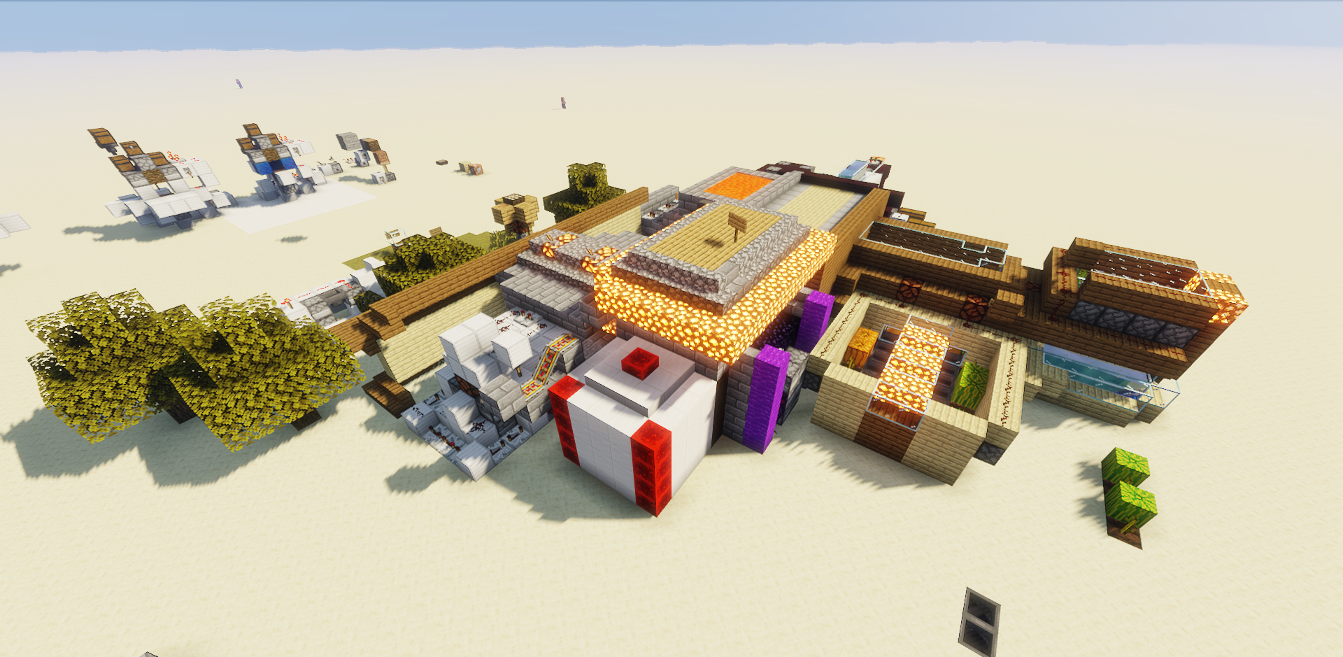 Панорамный вид на высокотехнологичный дом в Minecraft с садом и бассейном