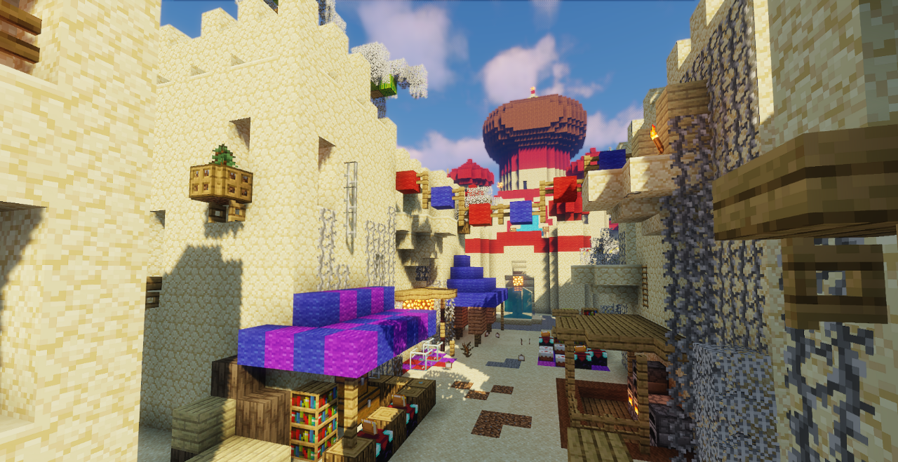 Вид на город Аграбу в Minecraft с домами в восточном стиле и торговыми рядами