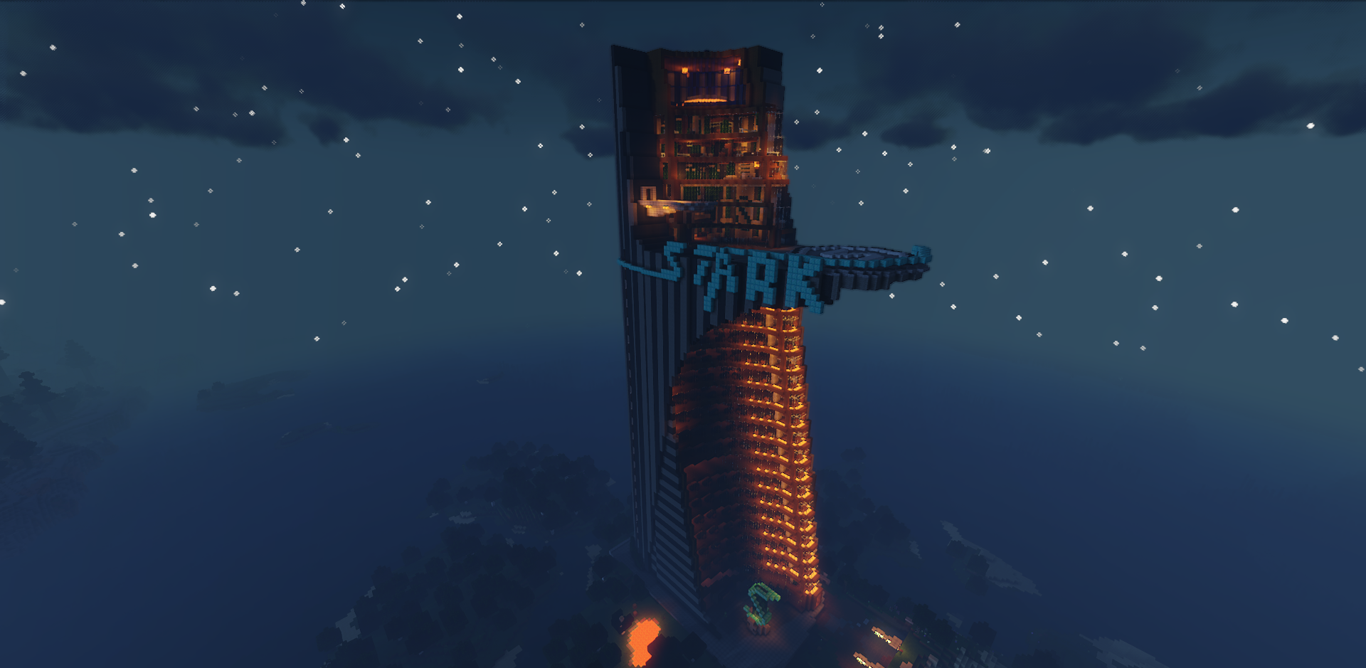 Вид с высоты на башню Старка в Minecraft, окруженную городскими блоками