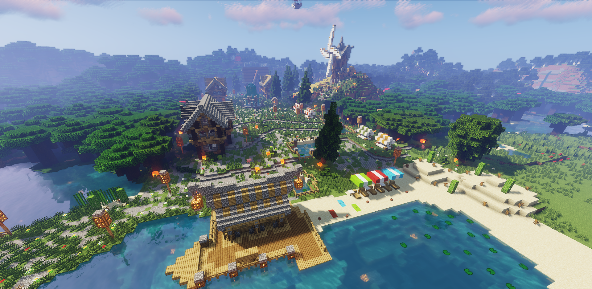 Вид на средневековую деревню в Minecraft с детализированными домами