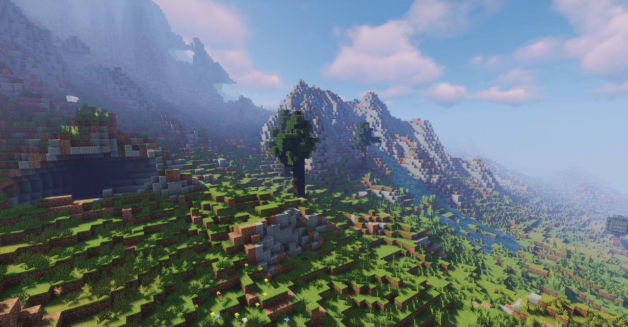 Красивый пейзаж с водопадом на карте Ultra Realistic Terrain в Minecraft