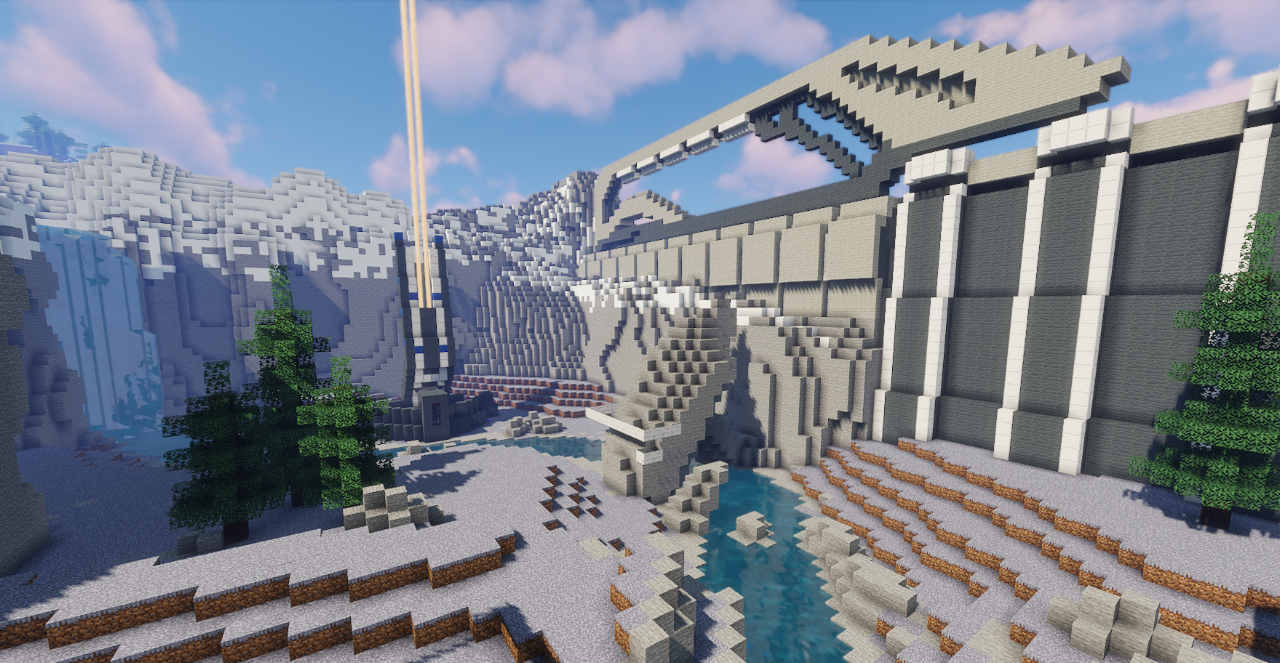Каменный алтарь с горящими чашами в Minecraft на вершине горы