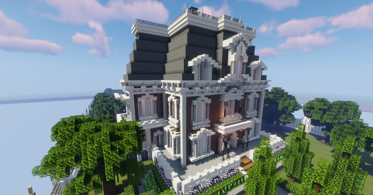 Гостиная викторианского дома в Minecraft с камином и коврами