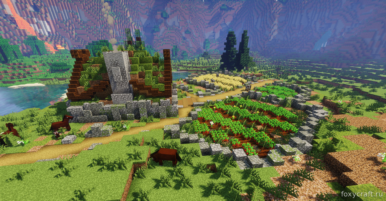 Ночной вид дома викинга в Minecraft с подсветкой факелами