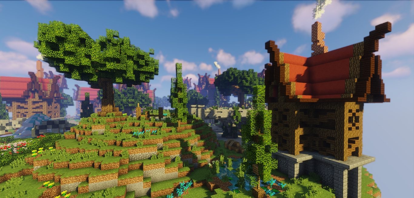 Интерьер Village Lobby в Minecraft с уютными домами и декорациями