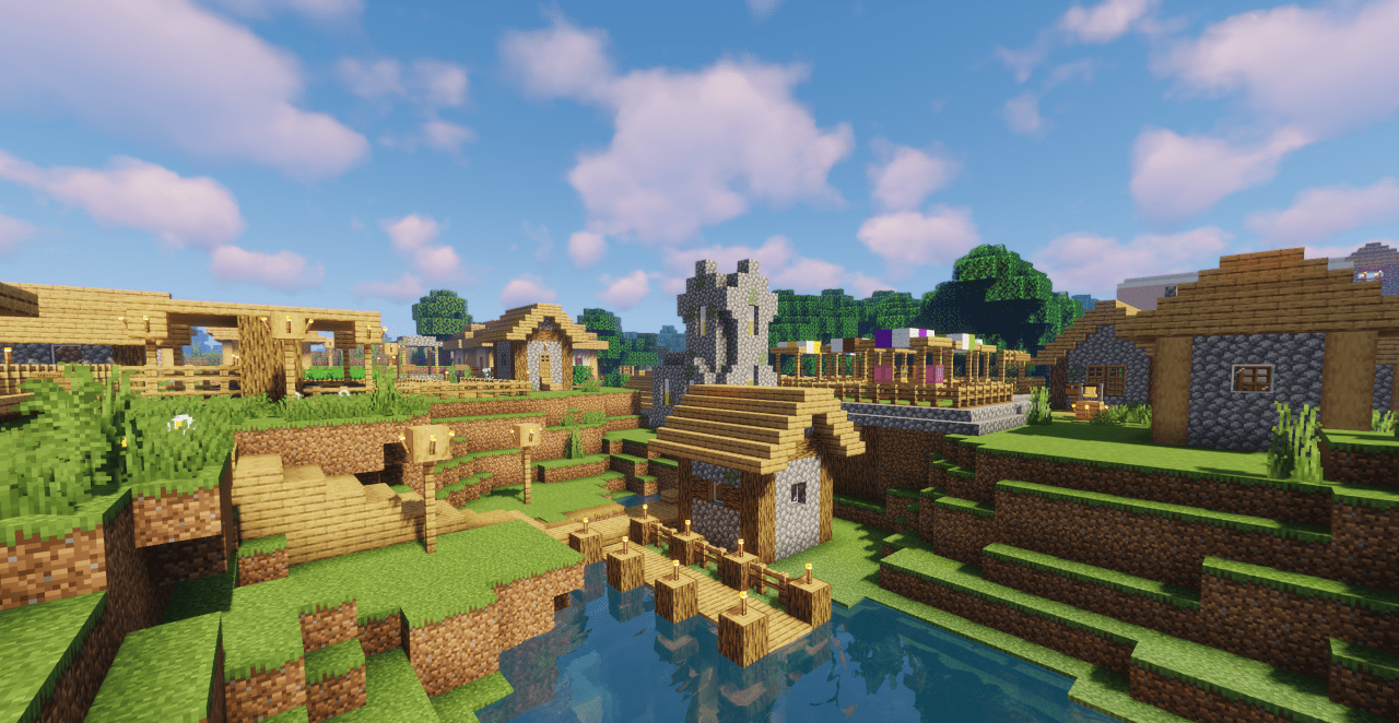 Вид на центральную площадь Villager’s Town с жителями и торговыми точками