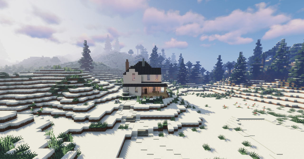 Интерьер зимнего дома в Minecraft с мебелью из дерева и камином