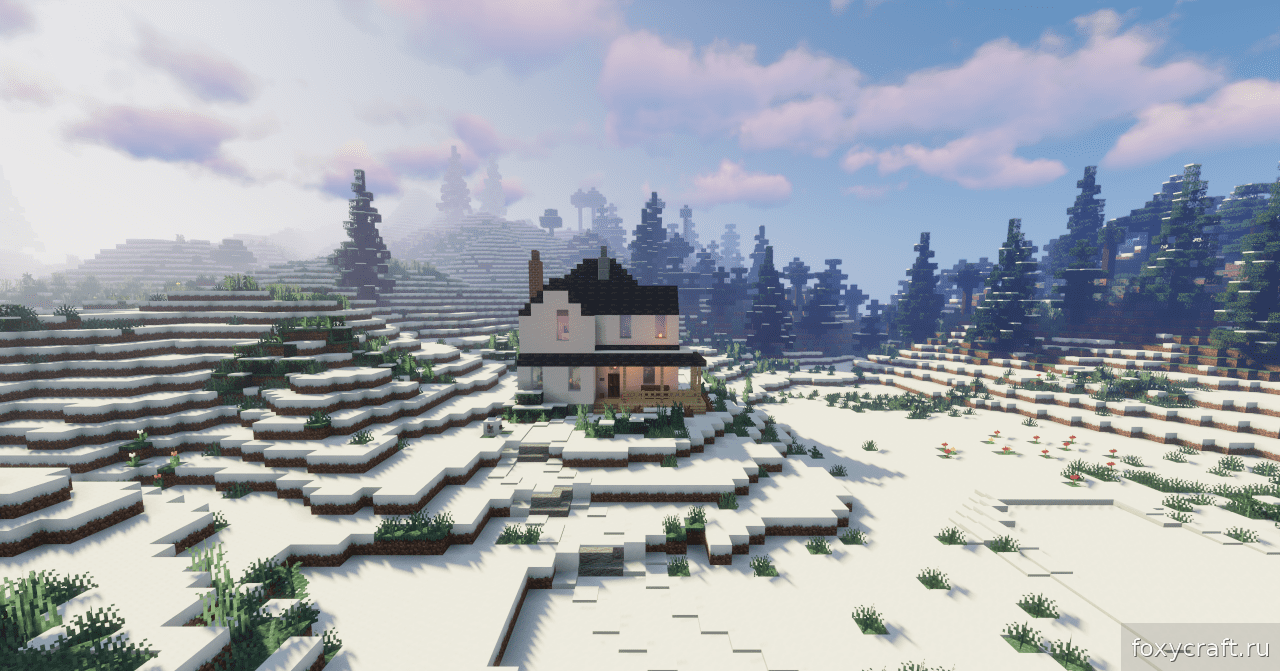 Внутреннее убранство зимнего дома в Minecraft с мебелью и освещением