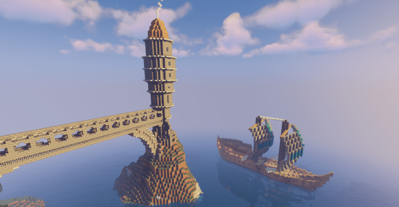 Корабль с магическим маяком на острове Wizard Refuge в Minecraft