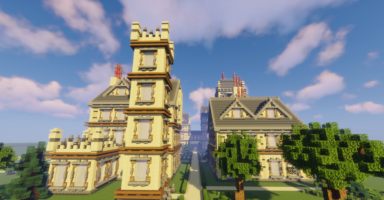 Вид на тренировочную зону X-Mansion в Minecraft с препятствиями и ареной